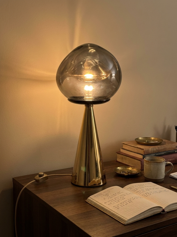 Dalfa Mushroom smoked glass table lamp in a real home — scrivania
