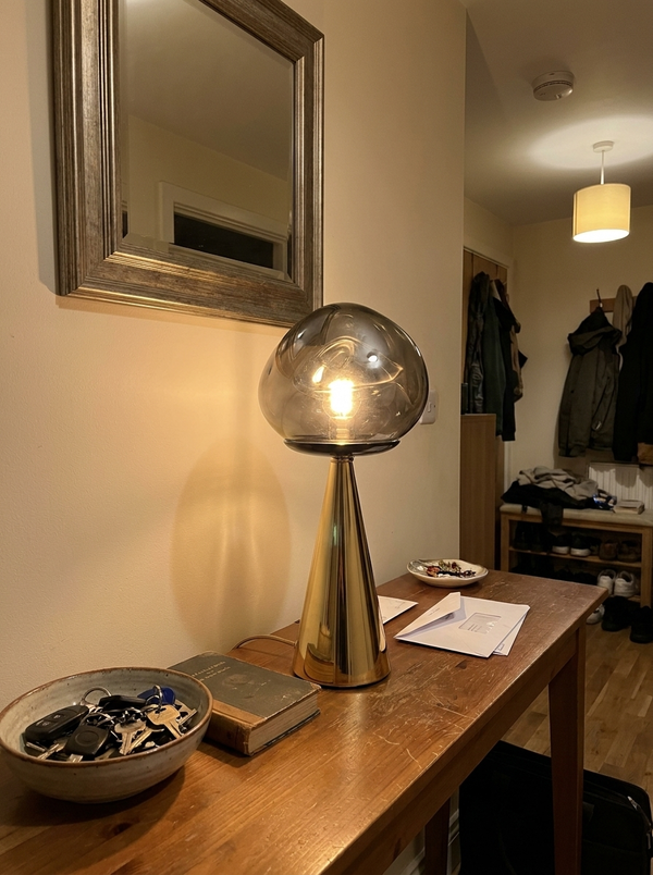 Dalfa Mushroom smoked glass table lamp in a real home — ingresso