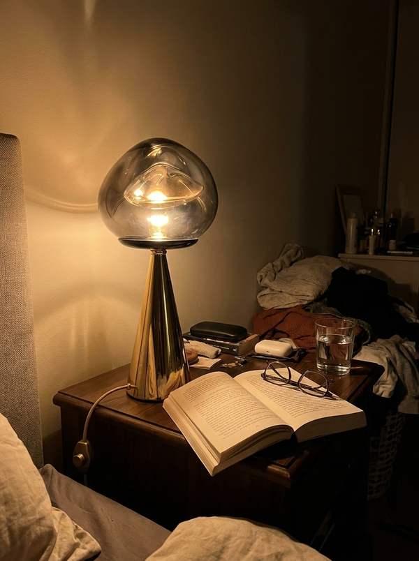 Dalfa Mushroom smoked glass table lamp in a real home — comodino