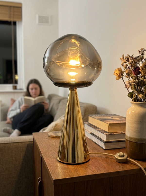 Dalfa Mushroom smoked glass table lamp in a real home — soggiorno persona