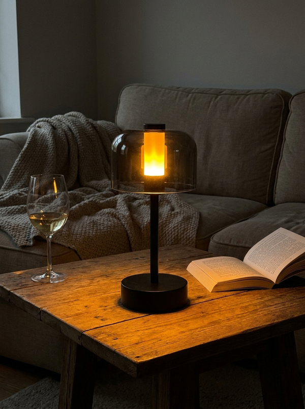 Dalfa Bell glass table lamp in a real home — coffee table
