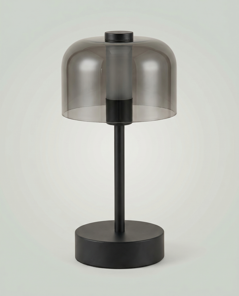 Flame Bell smoked-glass bell lamp, LED flame 2000K, touch, USB-C cordless — off, daylight studio shot | Dalfa CH/FR