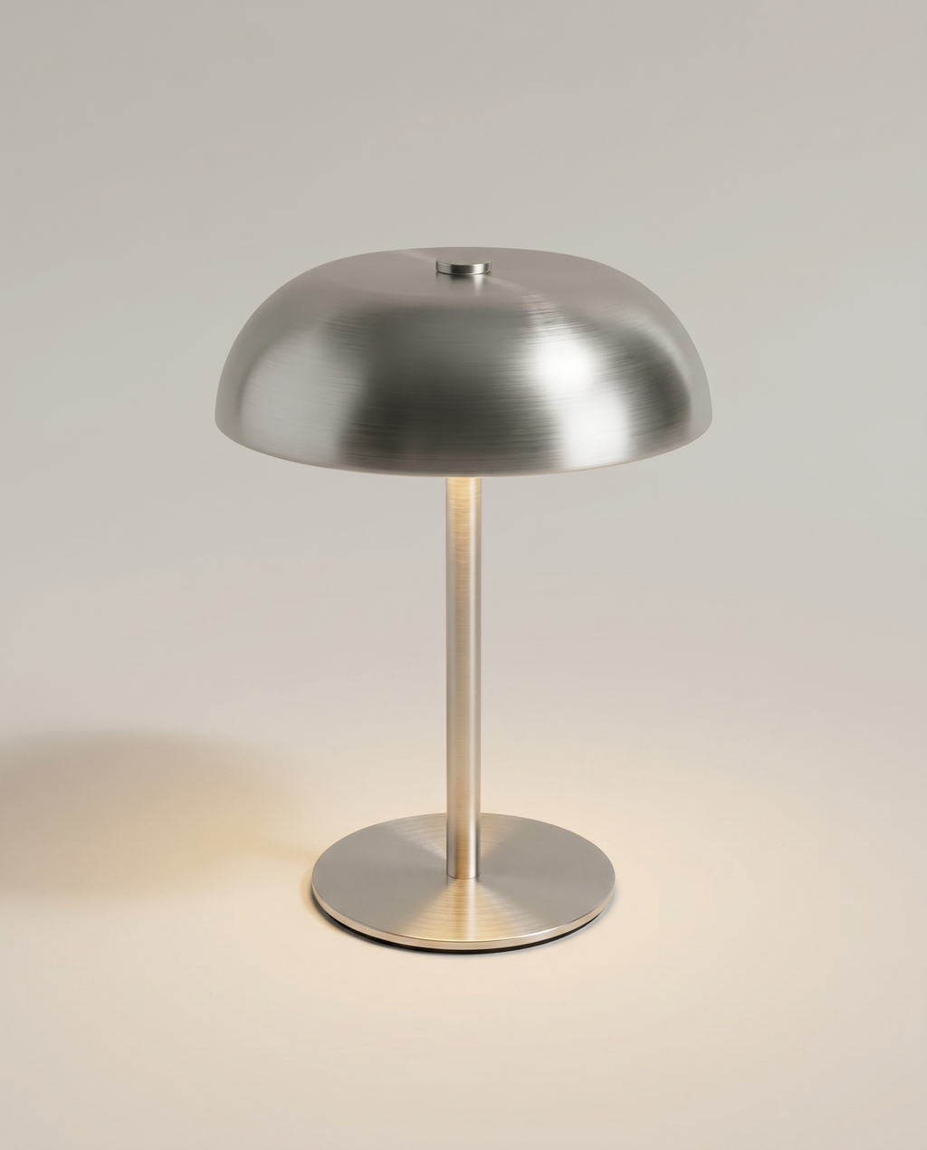 Brushed steel dome table lamp, warm LED lit, USB-C rechargeable, ~16 cm — studio hero | Dalfa CH/FR
