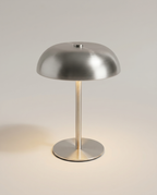 Brushed steel dome table lamp, warm LED lit, USB-C rechargeable, ~16 cm — studio hero | Dalfa CH/FR