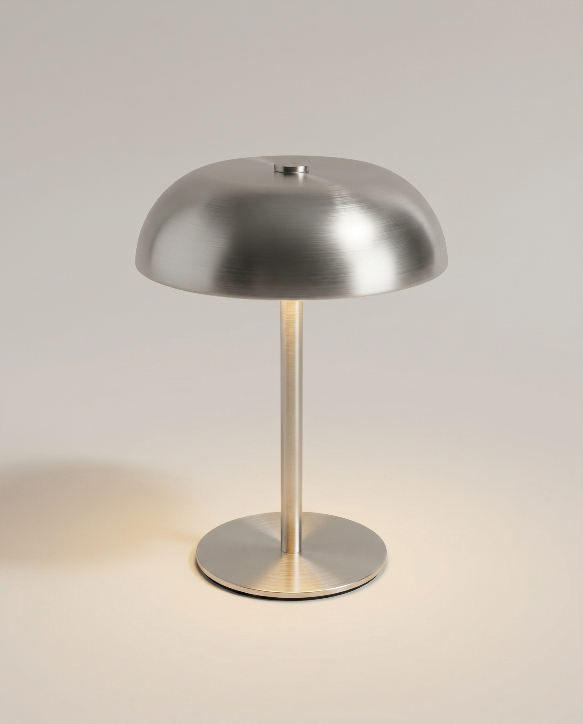 Brushed steel dome table lamp, warm LED lit, USB-C rechargeable, ~16 cm — studio hero | Dalfa CH/FR
