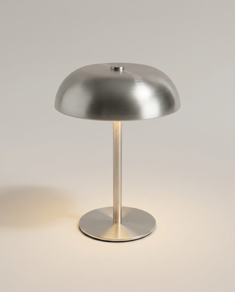 Brushed steel dome table lamp, warm LED lit, USB-C rechargeable, ~16 cm — studio hero | Dalfa CH/FR