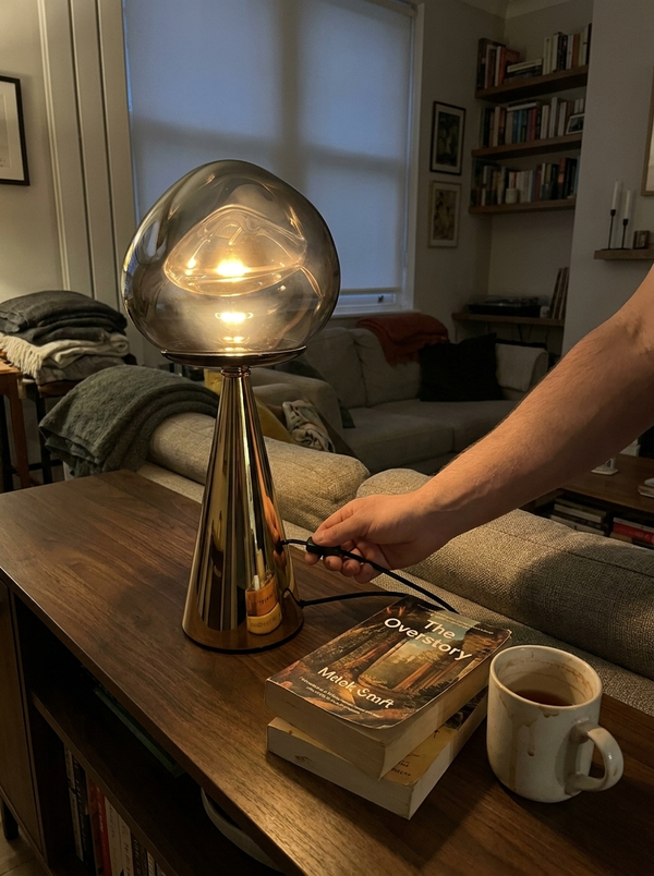 Dalfa Mushroom smoked glass table lamp in a real home — dimmer mano