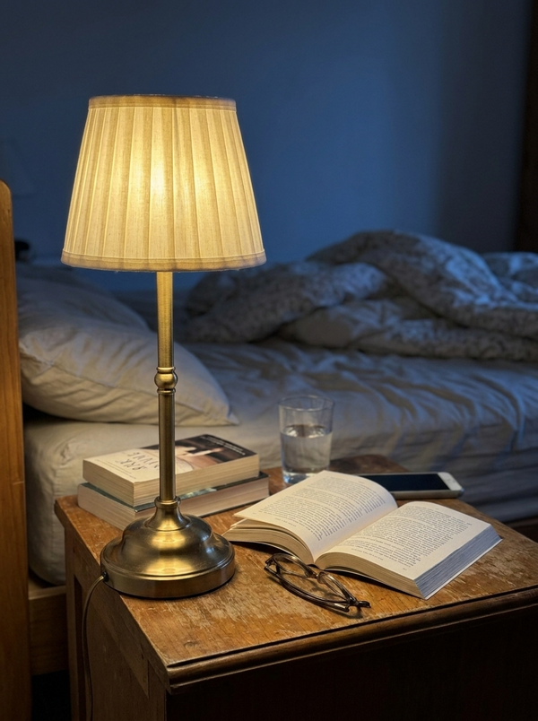 Dalfa Classic brass pleated table lamp in a real home — comodino lettura