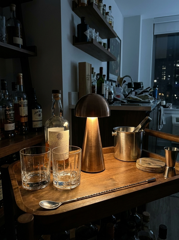 Dalfa Metal dome table lamp in a real home — bar cart