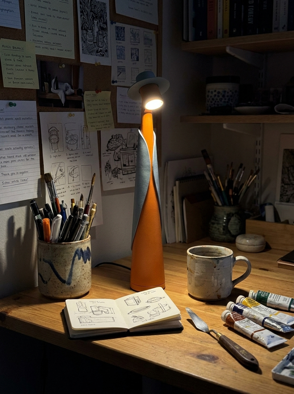 Dalfa Sculptural figure table lamp in a real home — scrivania