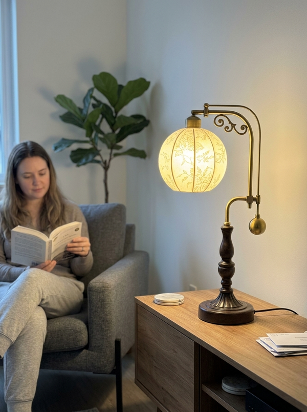 Dalfa Lantern arm table lamp in a real home — poltrona persona