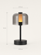 Flame Bell smoked-glass bell lamp, LED flame 2000K, touch, USB-C cordless — dimensions in cm | Dalfa CH/FR