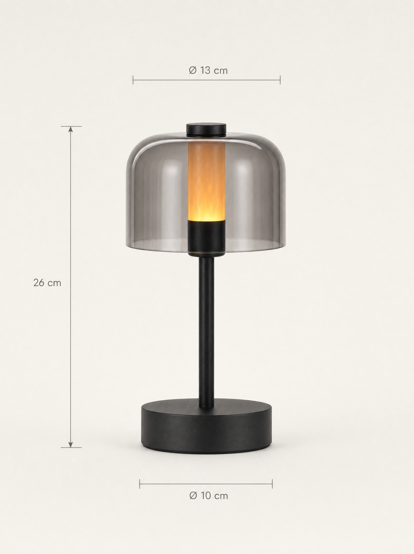 Flame Bell smoked-glass bell lamp, LED flame 2000K, touch, USB-C cordless — dimensions in cm | Dalfa CH/FR