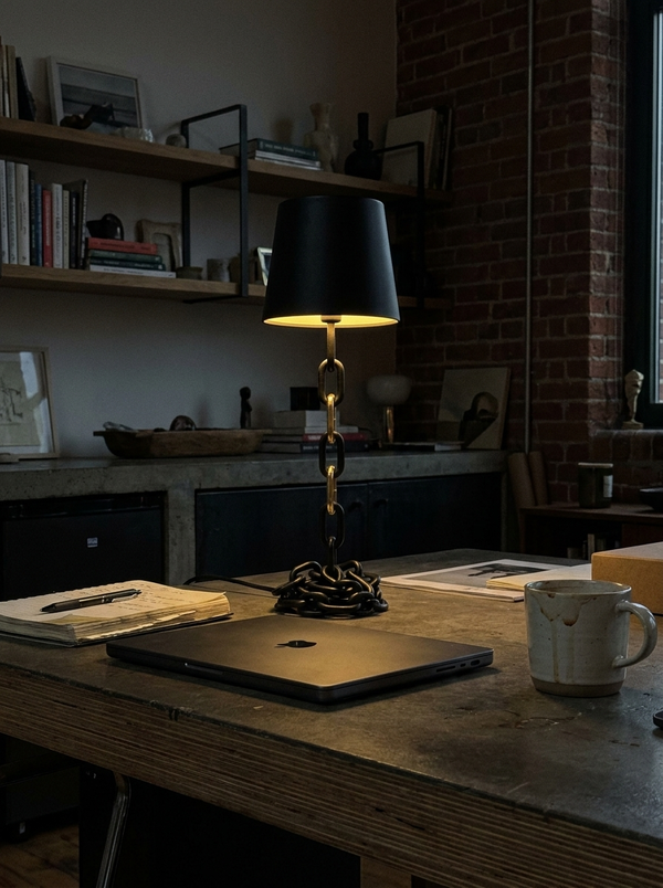 Dalfa Chain table lamp in a real home — scrivania