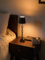 Chain Cone black iron chain lamp, conical shade, touch, USB-C cordless, 41 cm — on a bedside table | Dalfa CH/FR