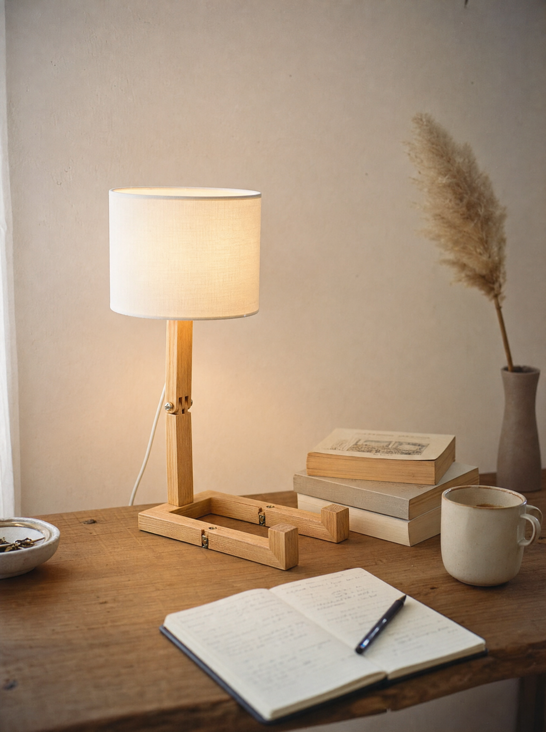 Wooden Step solid pine desk lamp, stepped base, cream drum shade, 47 cm — in a japandi corner | Dalfa CH/FR