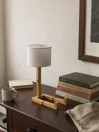 Wooden Step solid pine desk lamp, stepped base, cream drum shade, 47 cm — in a reading corner (2) | Dalfa CH/FR