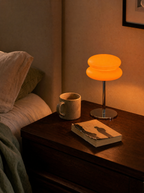 Double Disk chrome lamp, twin silicone disks, 3 colour temperatures, 29.5 cm — on a bedside table | Dalfa CH/FR