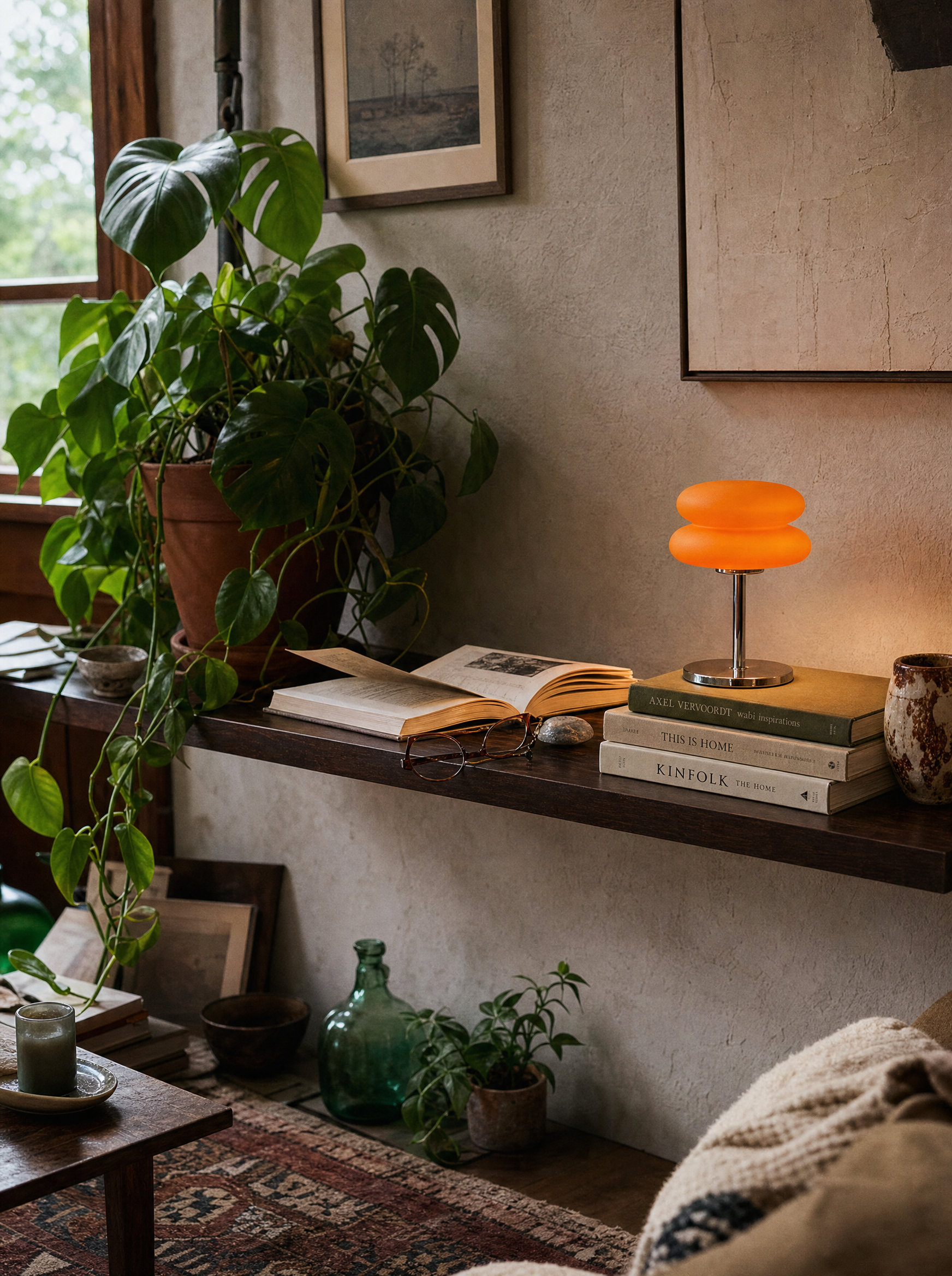 Double Disk chrome lamp, twin silicone disks, 3 colour temperatures, 29.5 cm — in a plant corner | Dalfa CH/FR