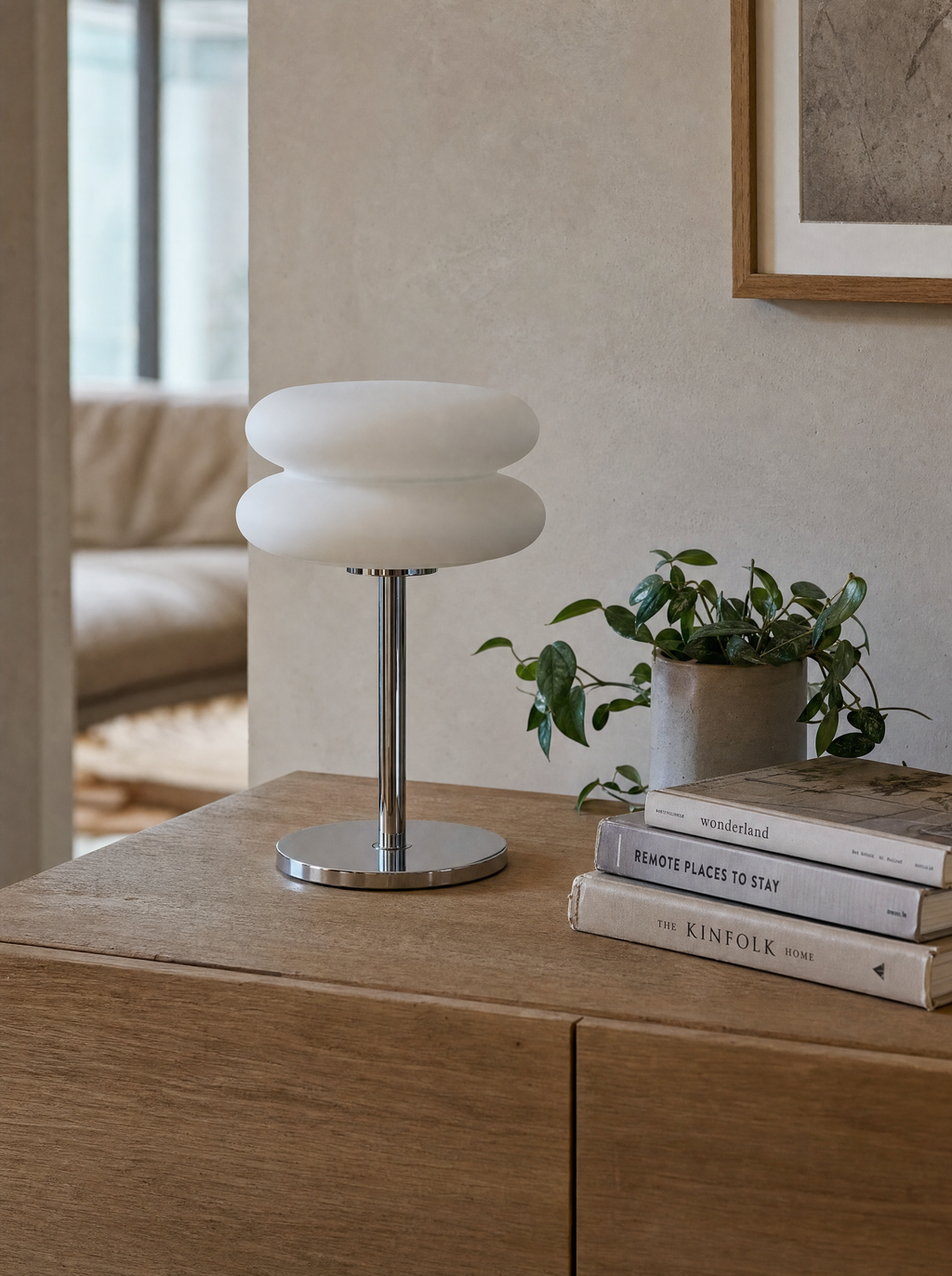 Double Disk chrome lamp, twin silicone disks, 3 colour temperatures, 29.5 cm — in a greige living room | Dalfa CH/FR