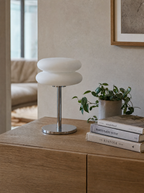 Double Disk chrome lamp, twin silicone disks, 3 colour temperatures, 29.5 cm — in a greige living room | Dalfa CH/FR