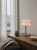 Double Disk chrome lamp, twin silicone disks, 3 colour temperatures, 29.5 cm — in a Korean-style corner | Dalfa CH/FR