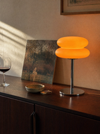 Double Disk chrome lamp, twin silicone disks, 3 colour temperatures, 29.5 cm — in a retro 70s corner | Dalfa CH/FR