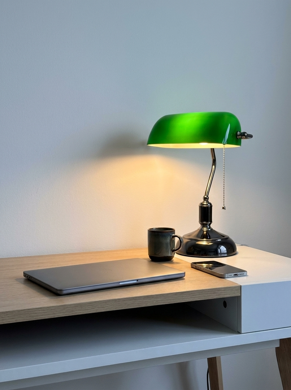 Dalfa Banker table lamp in a real home — scrivania moderna