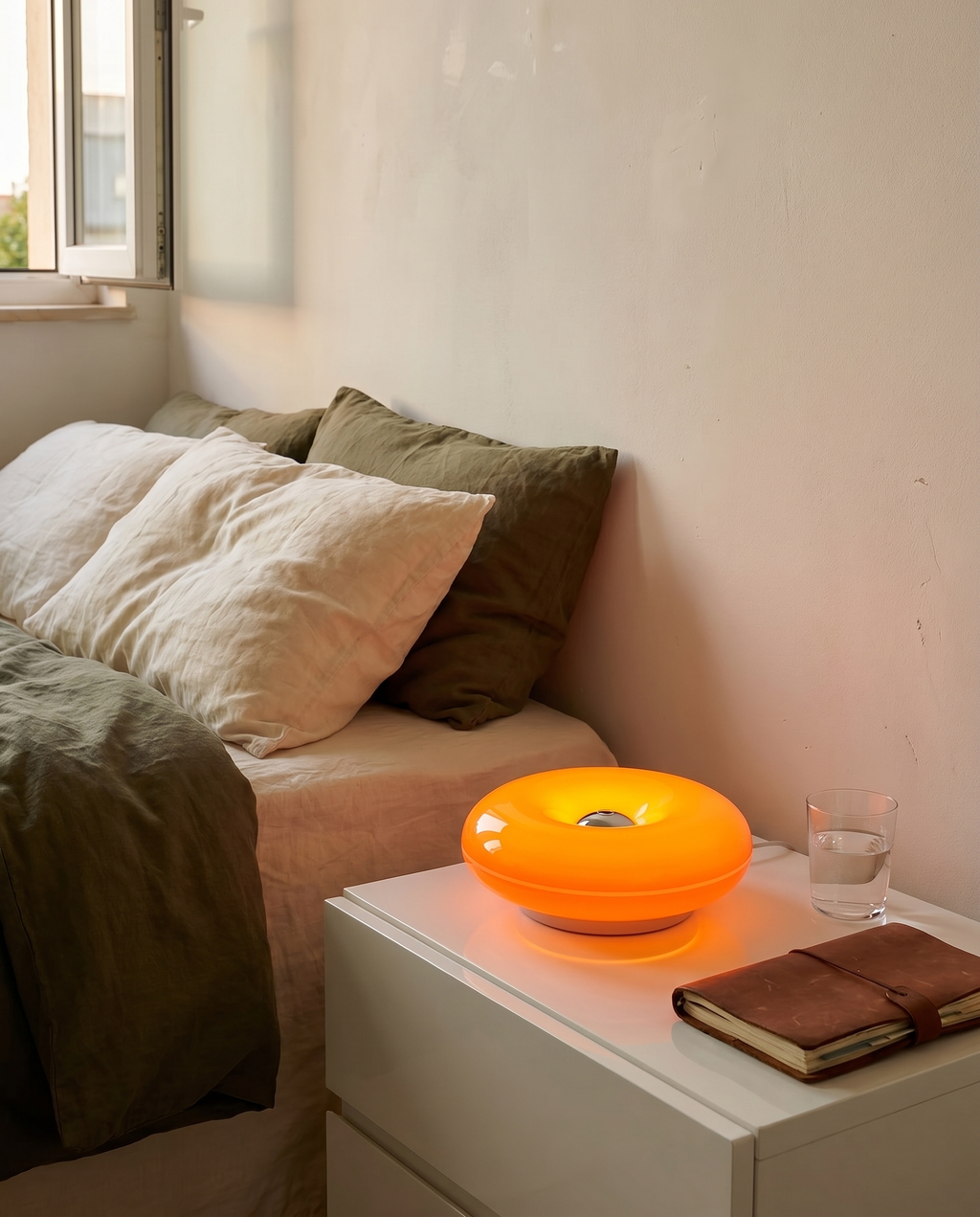 Donut Glow donut-shaped silicone table lamp, touch dimmer, USB rechargeable — on a bedside table | Dalfa CH/FR
