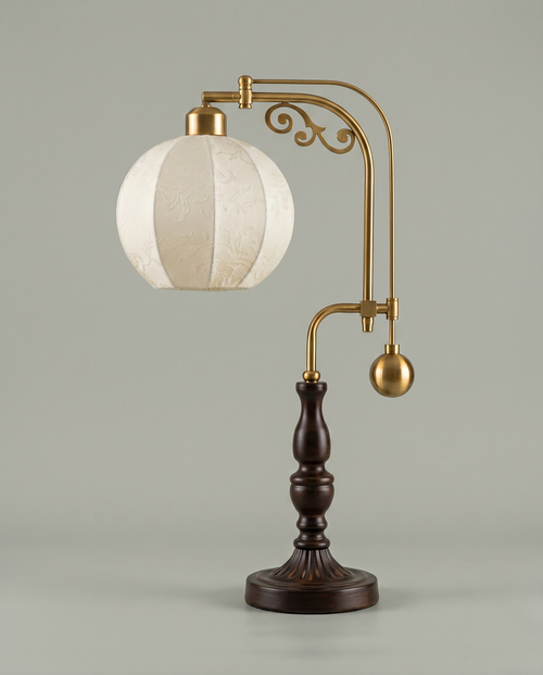 Botanical Arm brass swing-arm lamp, botanical fabric globe, dark wood base, 58 cm — studio shot | Dalfa CH/FR