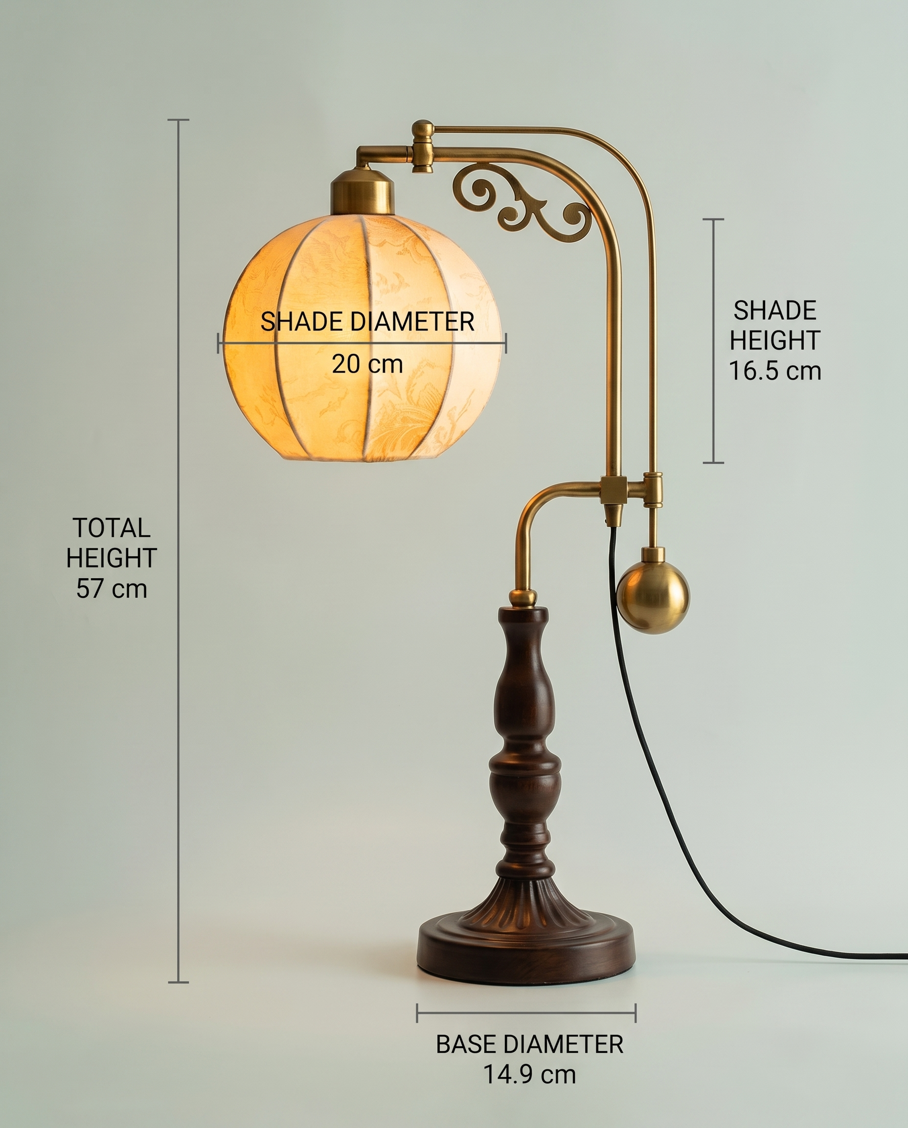 Botanical Arm brass swing-arm lamp, botanical fabric globe, dark wood base, 58 cm — dimensions in cm | Dalfa CH/FR
