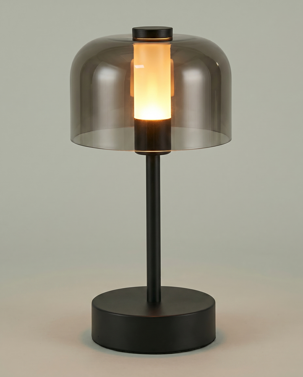 Flame Bell smoked-glass bell lamp, LED flame 2000K, touch, USB-C cordless — lit hero shot | Dalfa CH/FR