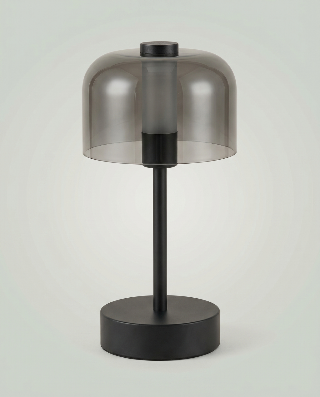 Flame Bell smoked-glass bell lamp, LED flame 2000K, touch, USB-C cordless — off, daylight studio shot | Dalfa CH/FR