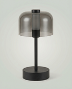 Flame Bell smoked-glass bell lamp, LED flame 2000K, touch, USB-C cordless — off, daylight studio shot | Dalfa CH/FR
