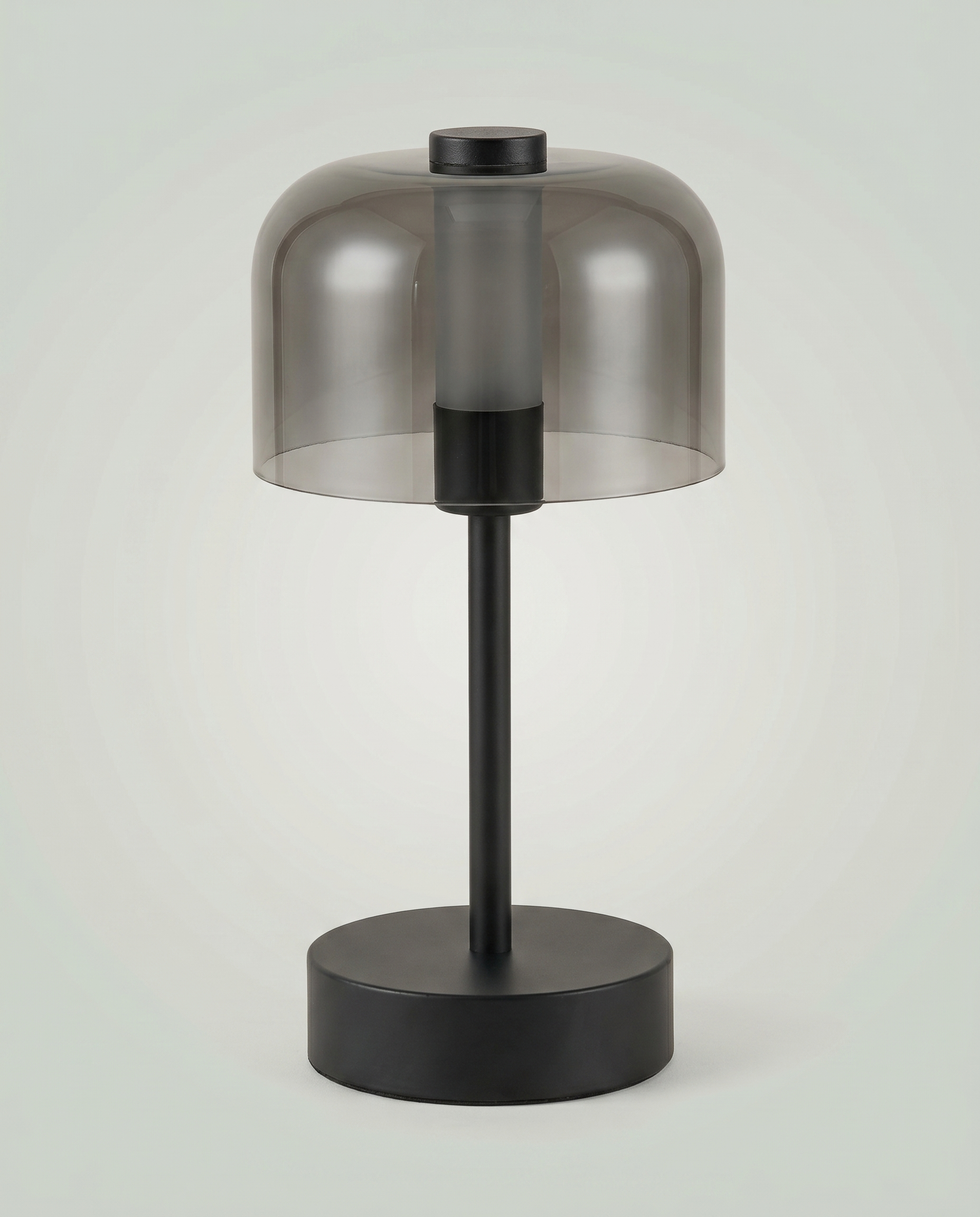 Flame Bell smoked-glass bell lamp, LED flame 2000K, touch, USB-C cordless — off, daylight studio shot | Dalfa CH/FR