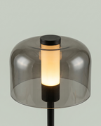 Flame Bell smoked-glass bell lamp, LED flame 2000K, touch, USB-C cordless — top view | Dalfa CH/FR
