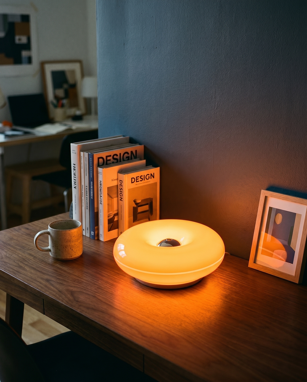 Donut Glow donut-shaped silicone table lamp, touch dimmer, USB rechargeable — in an evening corner | Dalfa CH/FR
