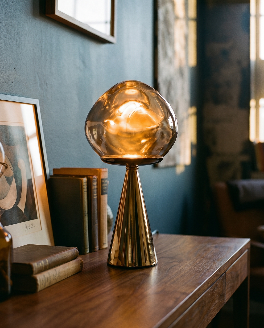 Mushroom Fumé smoked blown-glass globe lamp, golden cone base, dimmer 2700K — in an evening corner | Dalfa CH/FR