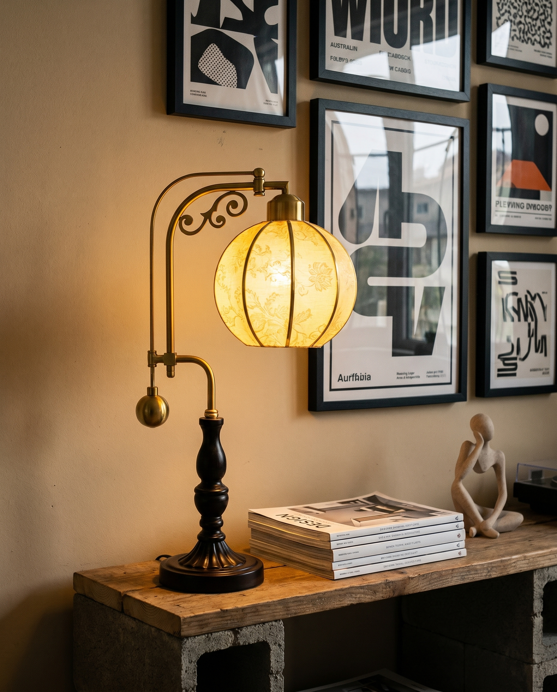 Botanical Arm brass swing-arm lamp, botanical fabric globe, dark wood base, 58 cm — in a gallery corner | Dalfa CH/FR