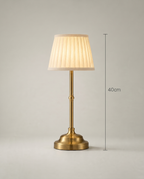 Pleated Brass cordless lamp, brass stem, pleated shade, USB-C dimmer, 40 cm — dimensions in cm | Dalfa CH/FR