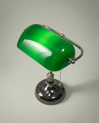 Green Banker desk lamp, emerald green glass shade, brass arm, dark chrome base — top view | Dalfa CH/FR