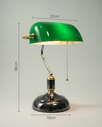 Green Banker desk lamp, emerald green glass shade, brass arm, dark chrome base — dimensions in cm | Dalfa CH/FR