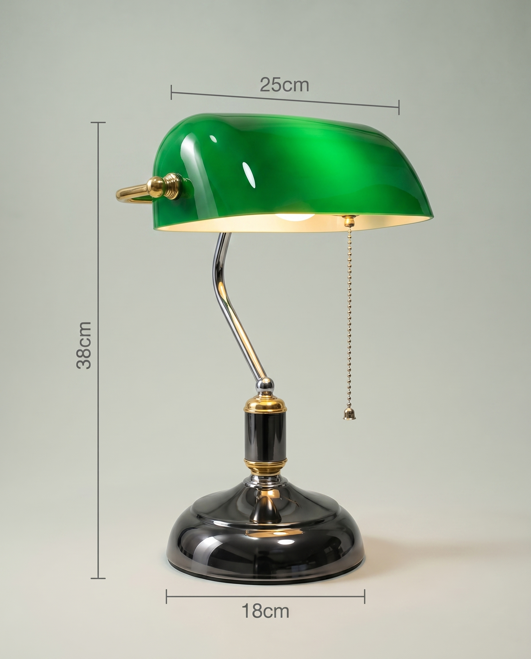 Green Banker desk lamp, emerald green glass shade, brass arm, dark chrome base — dimensions in cm | Dalfa CH/FR