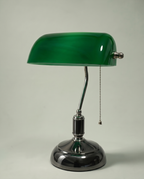 Green Banker desk lamp, emerald green glass shade, brass arm, dark chrome base — off, studio shot | Dalfa CH/FR