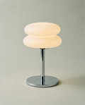 Double Disk chrome lamp, twin silicone disks, 3 colour temperatures, 29.5 cm — lit hero shot | Dalfa CH/FR