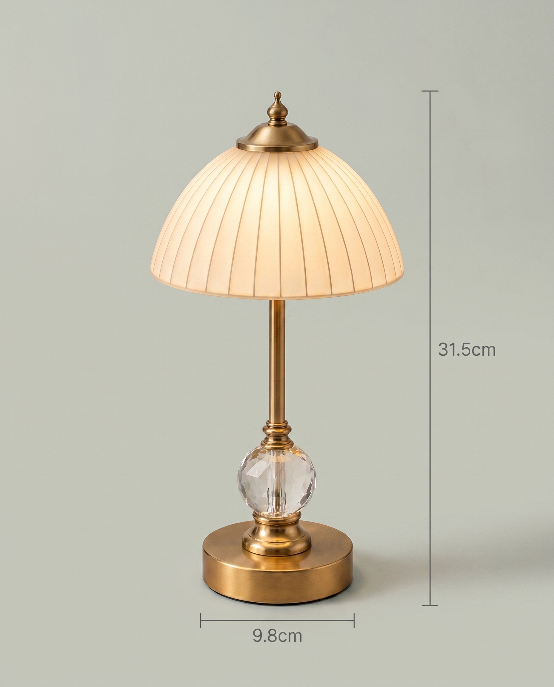 Ribbed Crystal brass lamp, frosted ribbed glass shade, cut crystal stem, 31.5 cm — dimensions in cm | Dalfa CH/FR