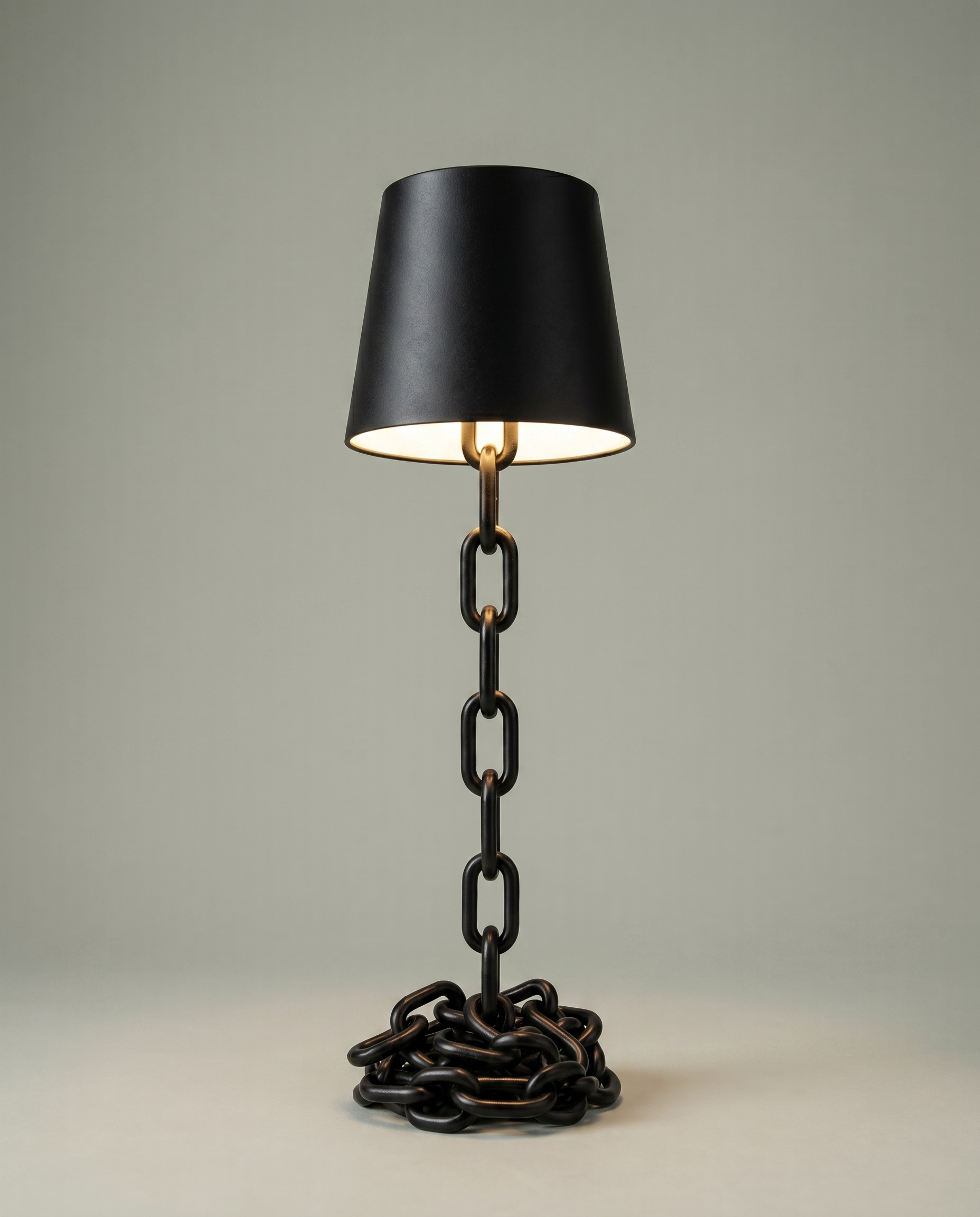 Chain Cone black iron chain lamp, conical shade, touch, USB-C cordless, 41 cm — lit hero shot | Dalfa CH/FR