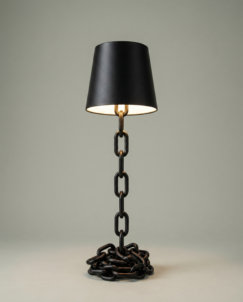 Chain Cone black iron chain lamp, conical shade, touch, USB-C cordless, 41 cm — lit hero shot | Dalfa CH/FR