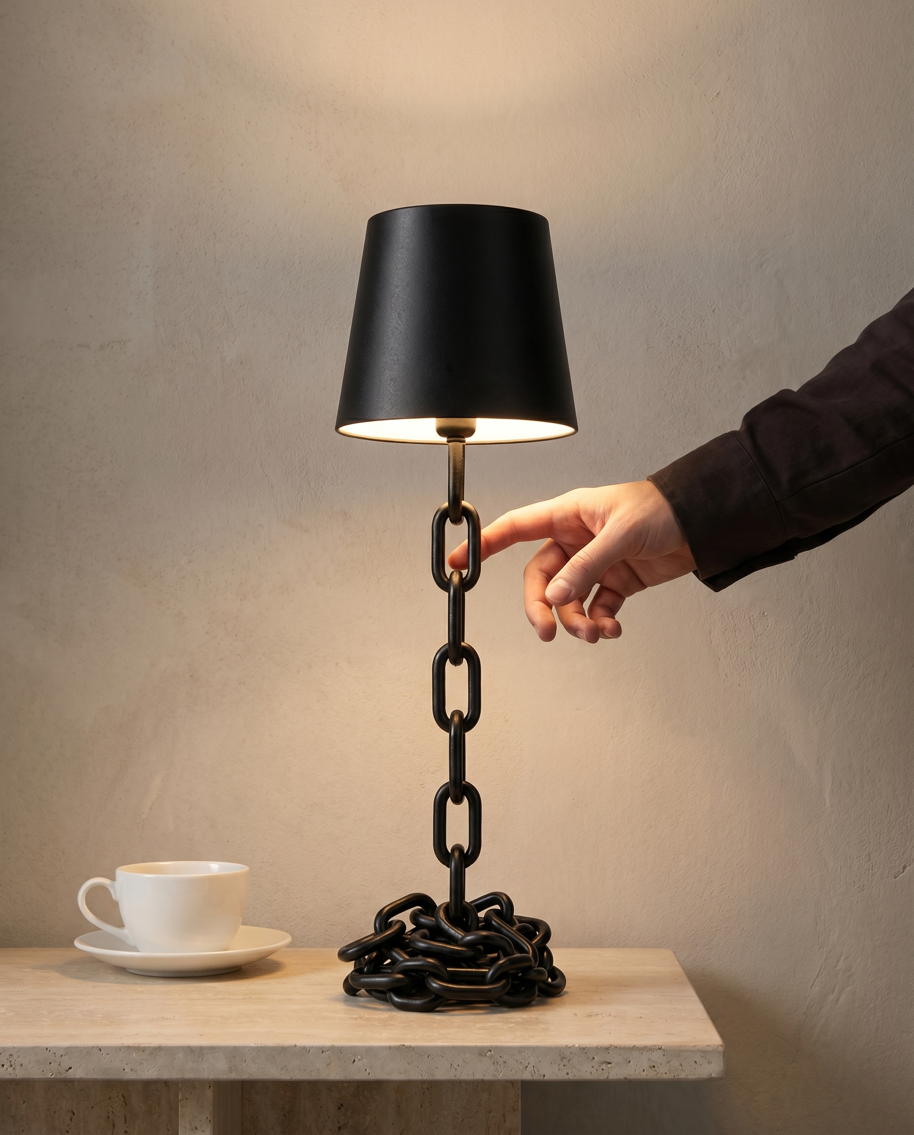 Chain Cone black iron chain lamp, conical shade, touch, USB-C cordless, 41 cm — in use, fingertip on the chain stem | Dalfa CH/FR