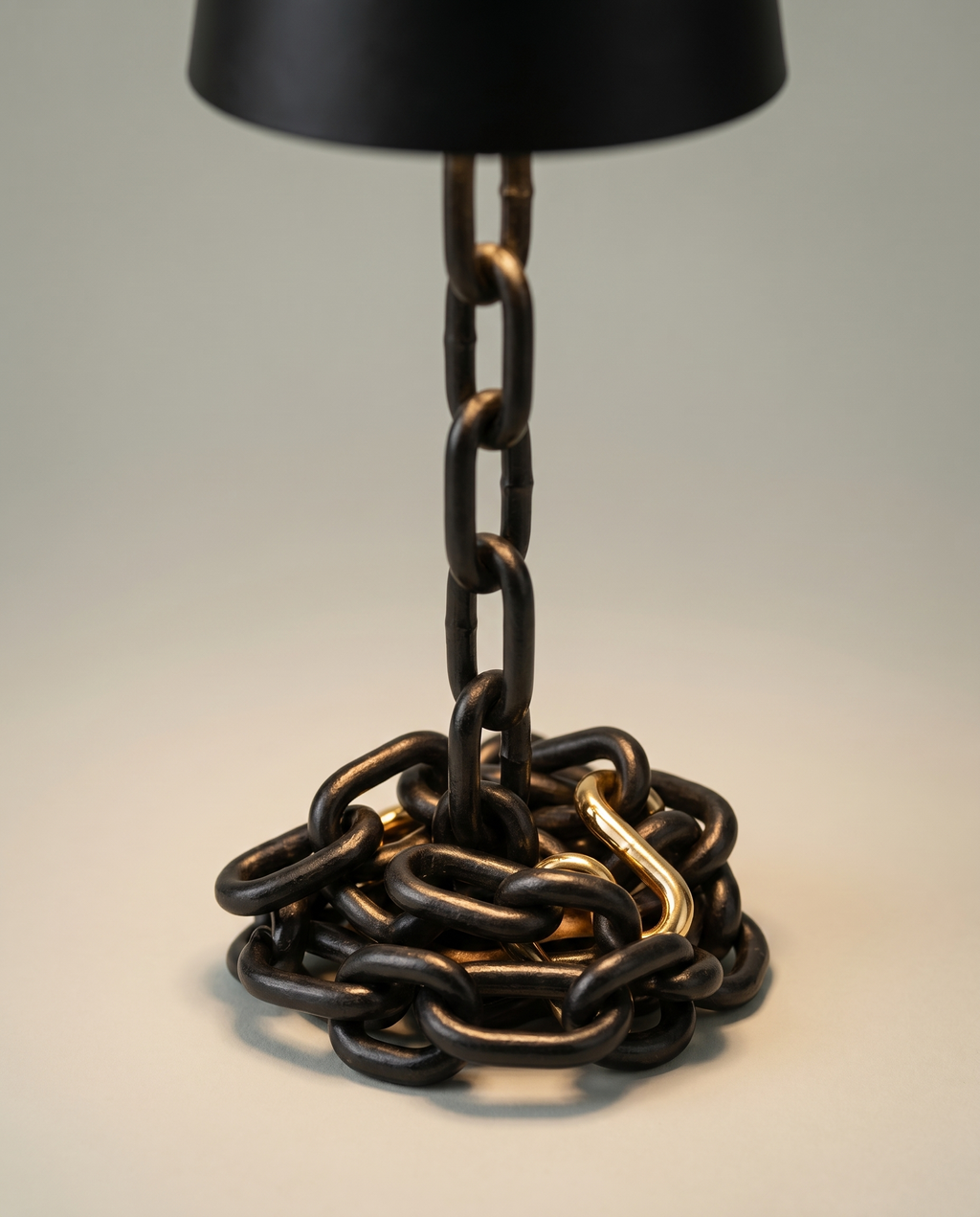 Chain Cone black iron chain lamp, conical shade, touch, USB-C cordless, 41 cm — chain links and gold connector detail | Dalfa CH/FR